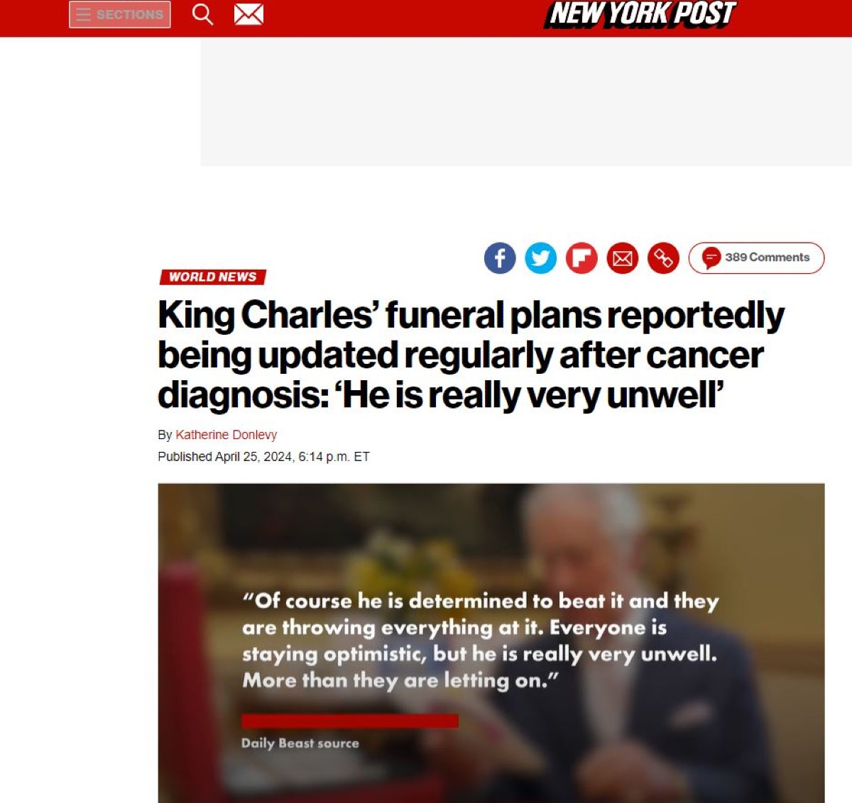 Βασιλιάς Κάρολος: «Είναι πραγματικά πολύ άρρωστος» - Τα σχέδια της κηδείας του